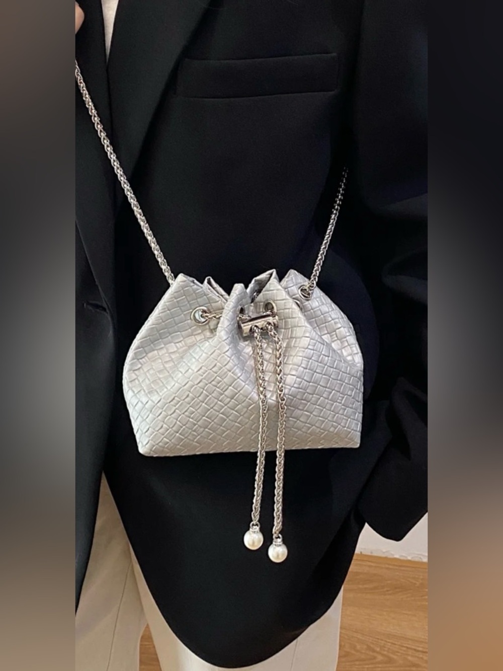 Woven Drawstring Bucket Bag with Silver Chain and Pearl Accents
